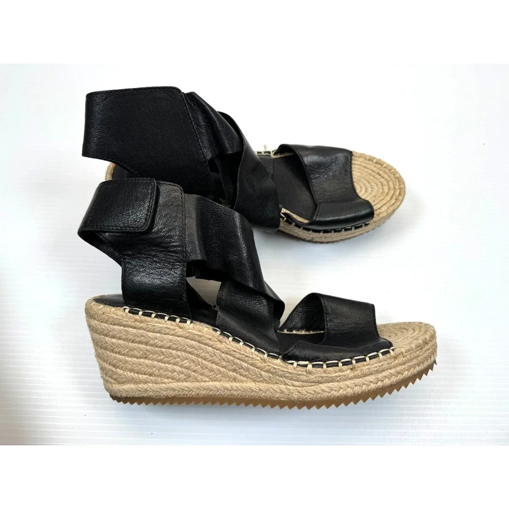 Eileen Fisher Willow Tumbled Leather Wedge Espadrille Women 8 EUC $198‎ Open toe